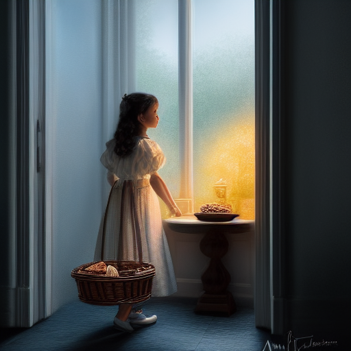 Anne stands at the doorstep, clutching a large wicker basket filled to the brim with delectable treats, a mischievous gleam in her eyes as she contemplates her plan of devouring everything inside.